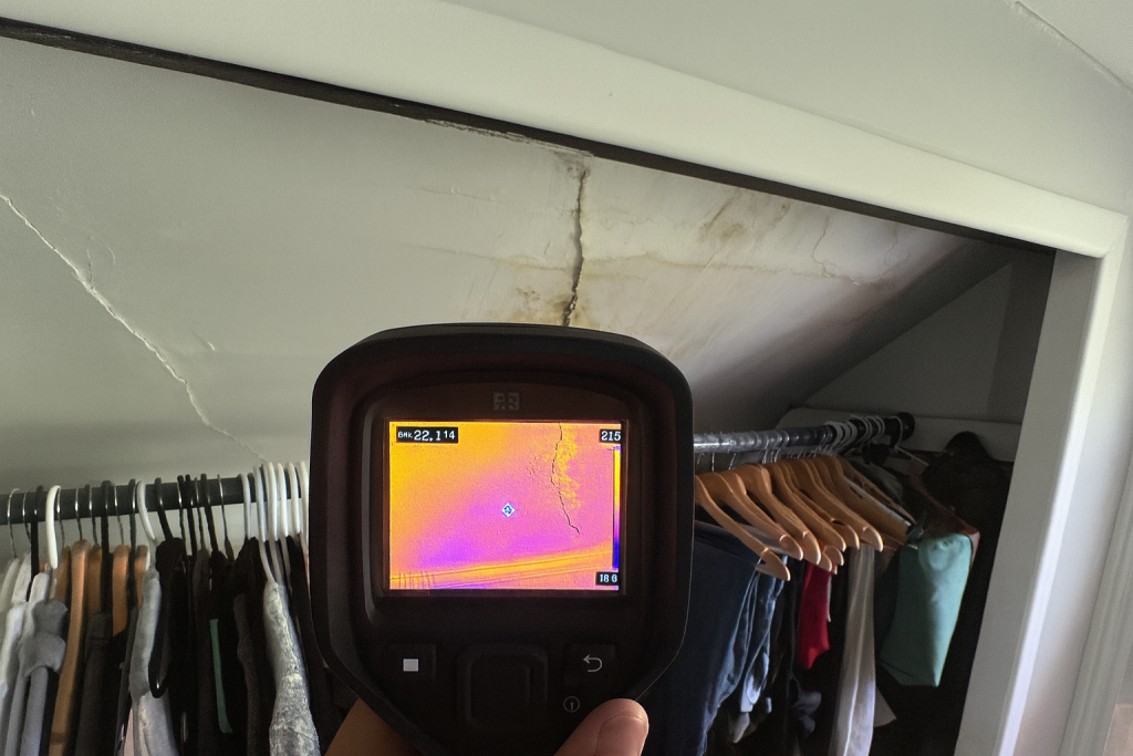 Thermal camera detecting ceiling water damage inside a Toronto home during a professional inspection by GTA Restoration