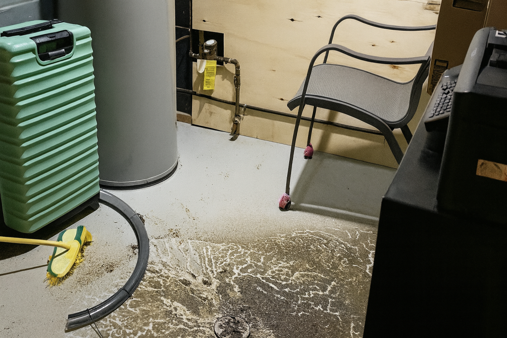 Basement sewage backup near water heater before cleanup by GTA Restoration in Toronto GTA