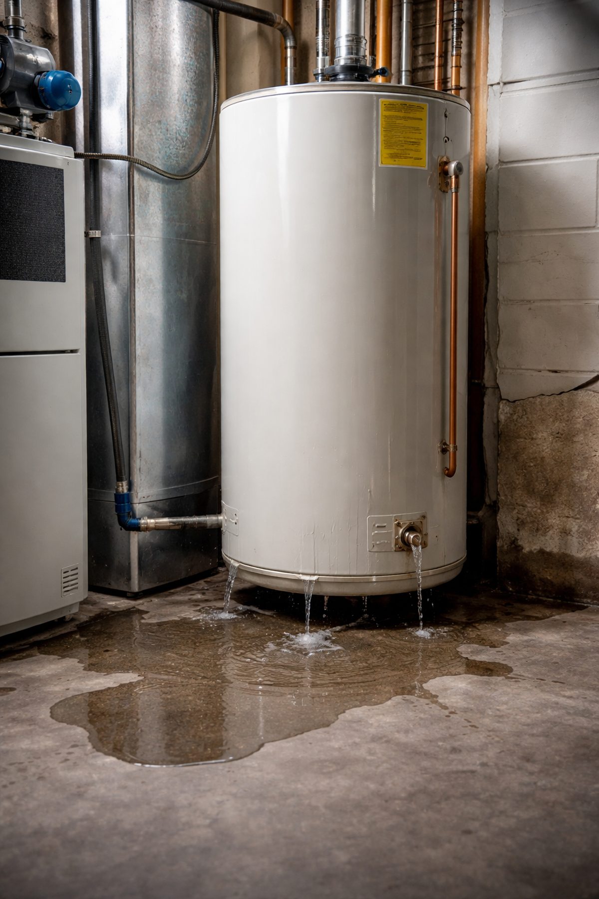 Residential hot water tank leak showing 7 early warning signs before professional inspection and repair in cold weather.